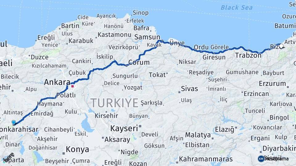 Afyonkarahisar Çamlıhemşin Rize Arası Kaç Km - Yol Haritası