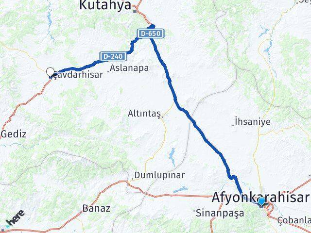Afyonkarahisar Çavdarhisar Kütahya Arası Kaç Km - Yol Haritası