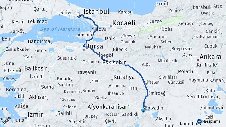 Afyonkarahisar Çay Bağcılar İstanbul Arası Kaç Km - Yol Haritası