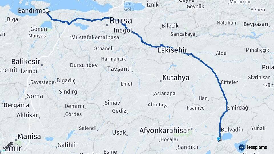 Afyonkarahisar Çay Bandırma Balıkesir Arası Kaç Km - Yol Haritası