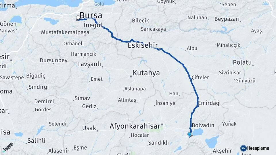 Afyonkarahisar Çay Bursa Arası Kaç Km - Yol Haritası