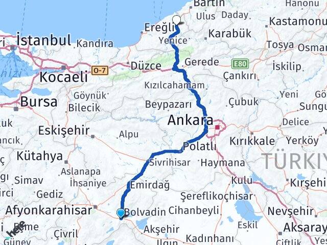 Afyonkarahisar Çay Burunkaya Çaycuma Zonguldak Arası Kaç Km - Yol Haritası