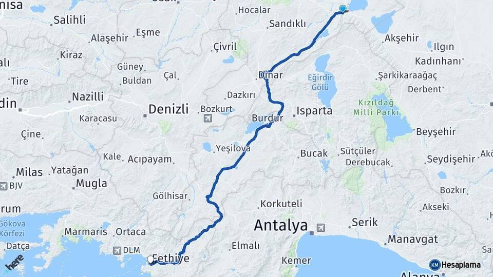 Afyonkarahisar Çay Fethiye Muğla Arası Kaç Km - Yol Haritası