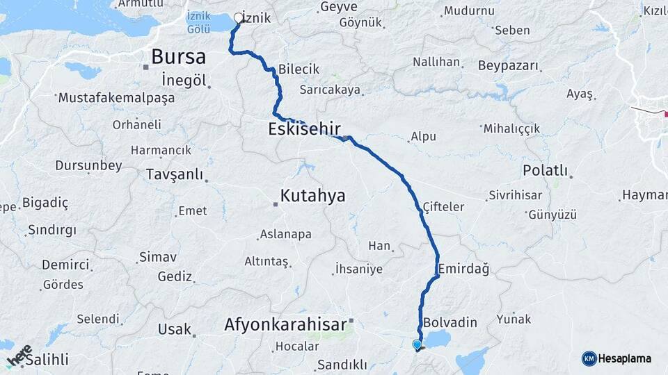 Afyonkarahisar Çay İznik Bursa Arası Kaç Km - Yol Haritası