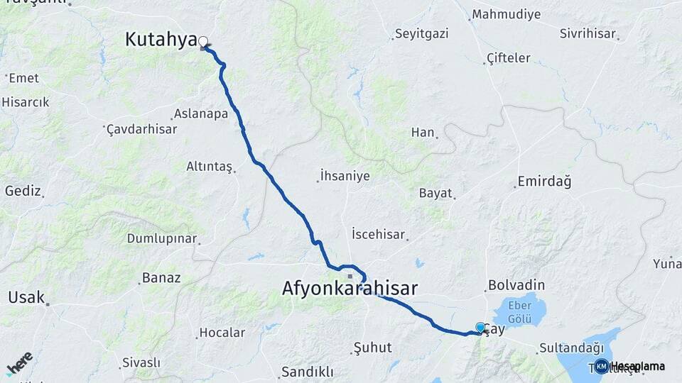 Afyonkarahisar Çay Kütahya Arası Kaç Km - Yol Haritası