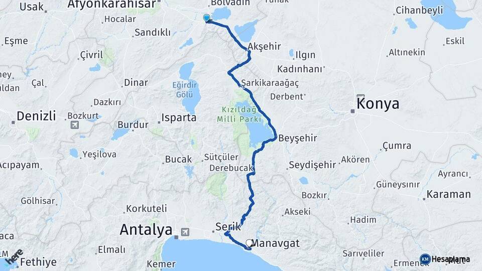 Afyonkarahisar Çay Manavgat Antalya Arası Kaç Km - Yol Haritası