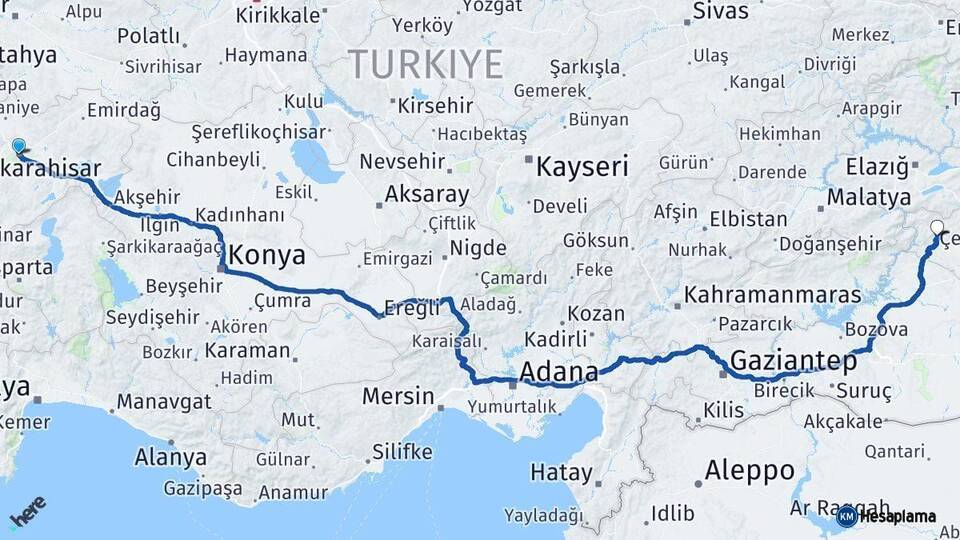 Afyonkarahisar Çermik Diyarbakır Arası Kaç Km - Yol Haritası