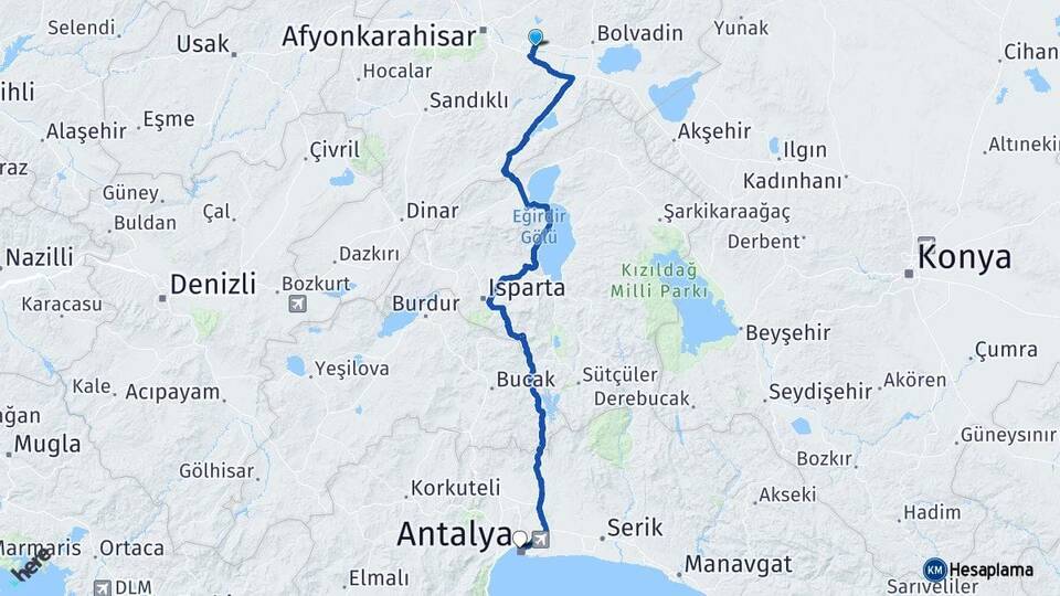 Afyonkarahisar Çobanlar Antalya Arası Kaç Km - Yol Haritası
