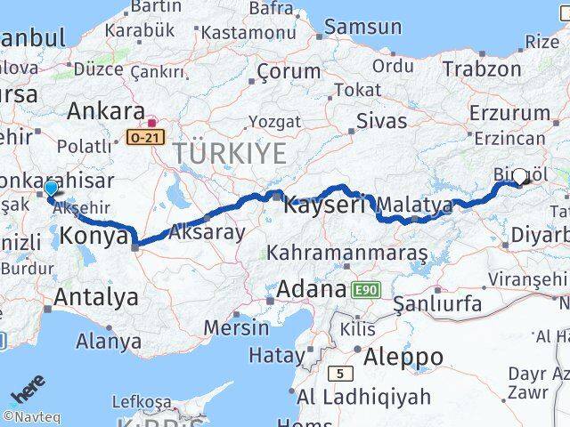 Afyonkarahisar Çobanlar Bingöl Arası Kaç Km - Yol Haritası