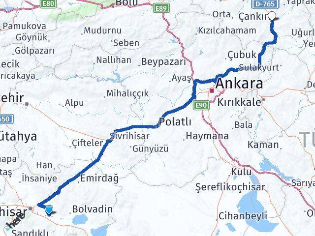 Afyonkarahisar Çobanlar Çankırı Arası Kaç Km - Yol Haritası