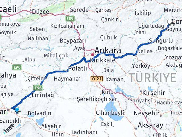 Afyonkarahisar Çobanlar Çorum Arası Kaç Km - Yol Haritası