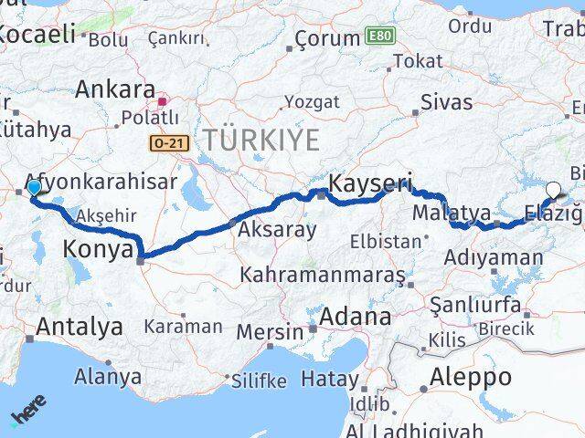 Afyonkarahisar Çobanlar Elazığ Arası Kaç Km - Yol Haritası