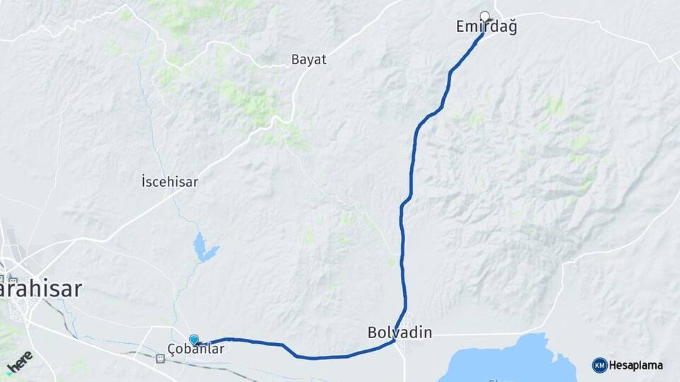 Afyonkarahisar Çobanlar Emirdağ Arası Kaç Km - Yol Haritası