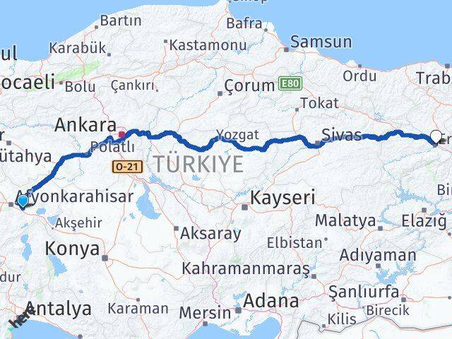 Afyonkarahisar Çobanlar Erzincan Arası Kaç Km - Yol Haritası