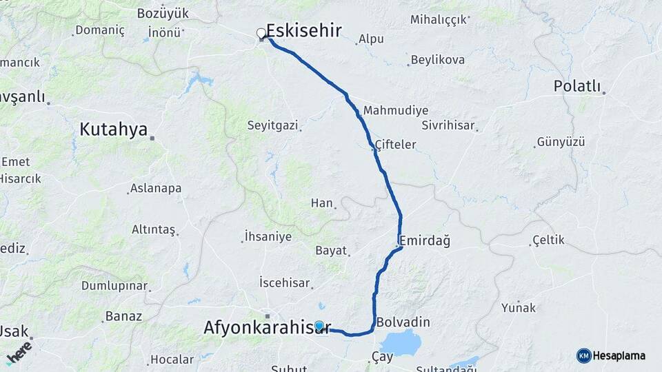 Afyonkarahisar Çobanlar Eskişehir Arası Kaç Km - Yol Haritası