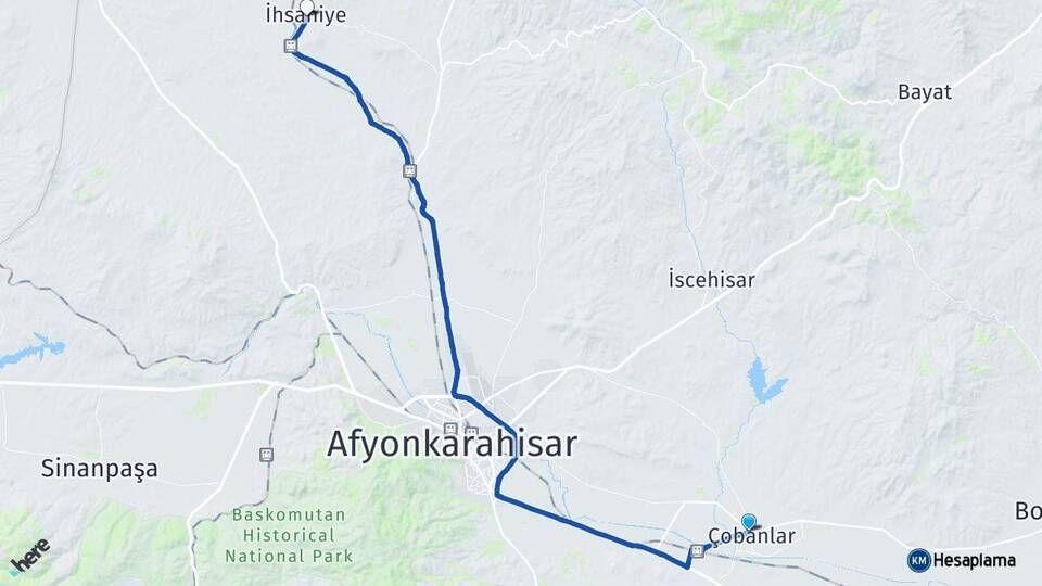 Afyonkarahisar Çobanlar İhsaniye Arası Kaç Km - Yol Haritası