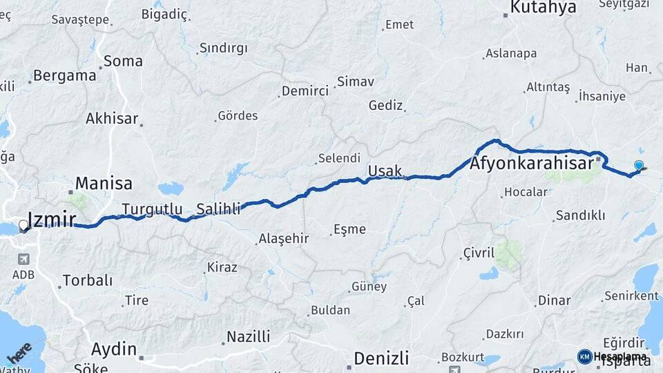 Afyonkarahisar Çobanlar İzmir Arası Kaç Km - Yol Haritası