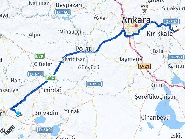 Afyonkarahisar Çobanlar Kırıkkale Arası Kaç Km - Yol Haritası