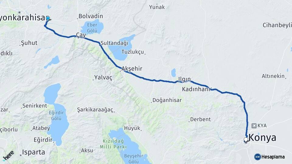 Afyonkarahisar Çobanlar Konya Arası Kaç Km - Yol Haritası