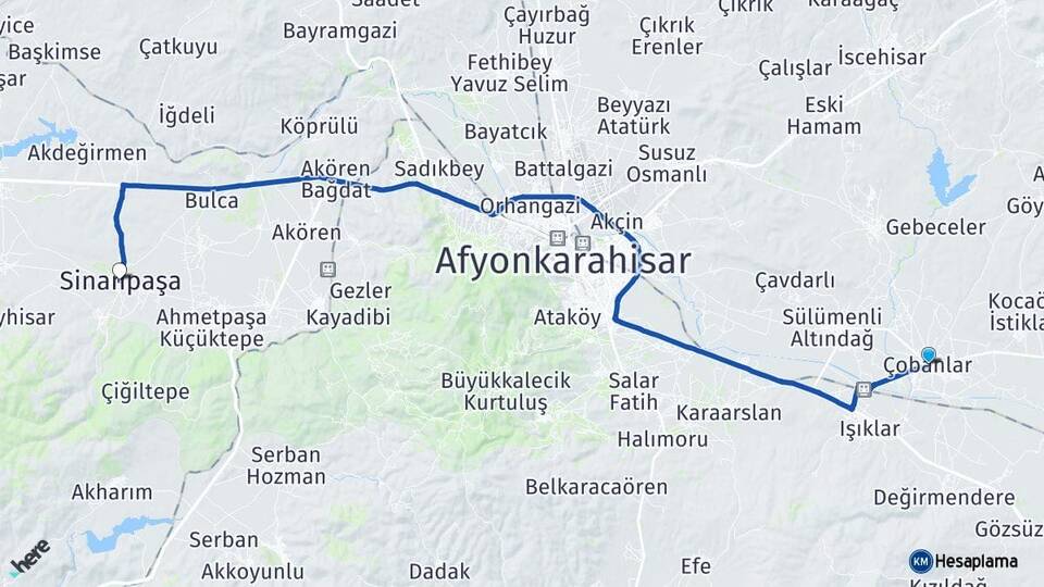 Afyonkarahisar Çobanlar Sinanpaşa Arası Kaç Km - Yol Haritası