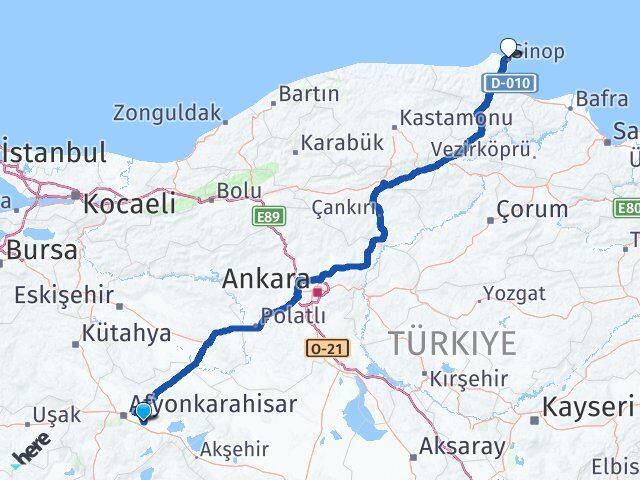 Afyonkarahisar Çobanlar Sinop Arası Kaç Km - Yol Haritası