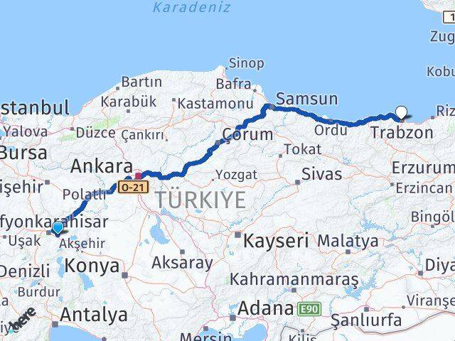 Afyonkarahisar Çobanlar Trabzon Arası Kaç Km - Yol Haritası