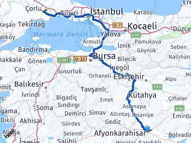 Afyonkarahisar Çorlu Tekirdağ Arası Kaç Km - Yol Haritası