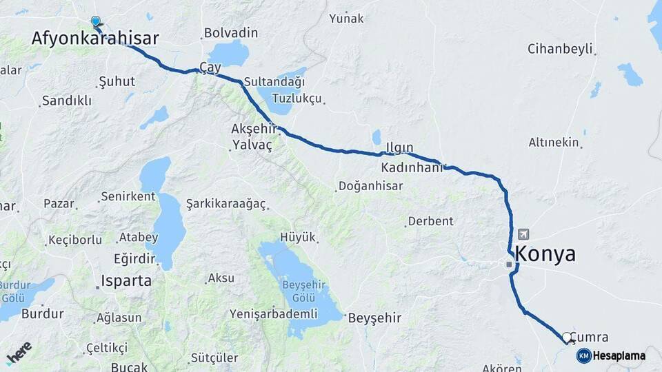Afyonkarahisar Çumra Konya Arası Kaç Km - Yol Haritası