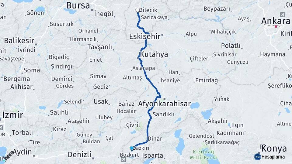 Afyonkarahisar Dazkırı Bilecik Arası Kaç Km - Yol Haritası