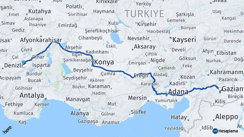 Afyonkarahisar Dazkırı Gaziantep Arası Kaç Km - Yol Haritası
