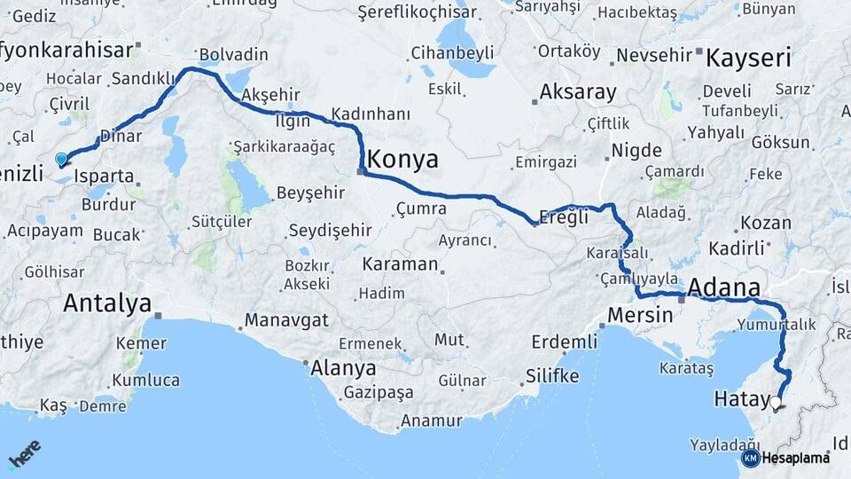 Afyonkarahisar Dazkırı Hatay Arası Kaç Km - Yol Haritası