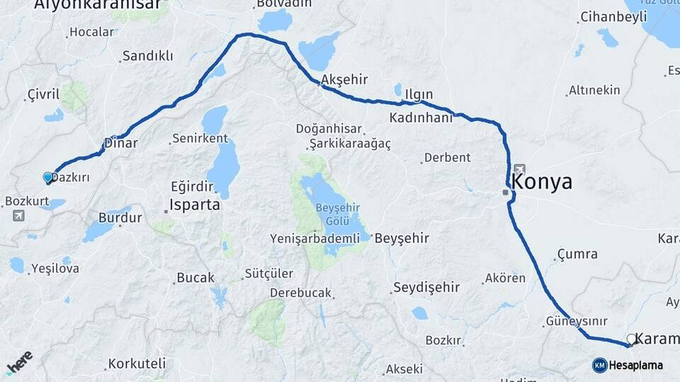 Afyonkarahisar Dazkırı Karaman Arası Kaç Km - Yol Haritası