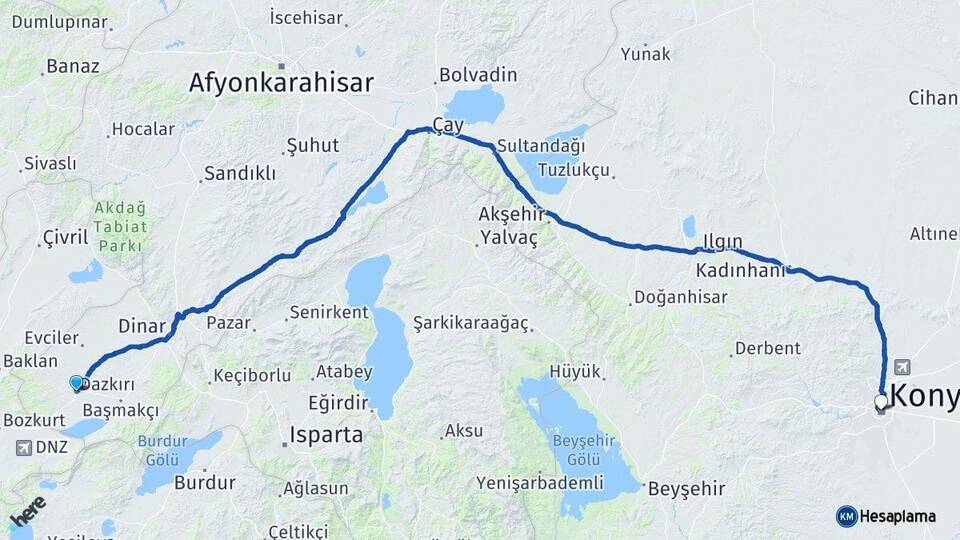 Afyonkarahisar Dazkırı Konya Arası Kaç Km - Yol Haritası