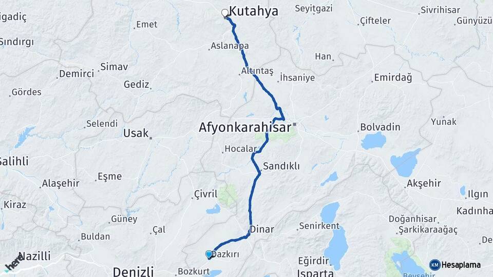 Afyonkarahisar Dazkırı Kütahya Arası Kaç Km - Yol Haritası
