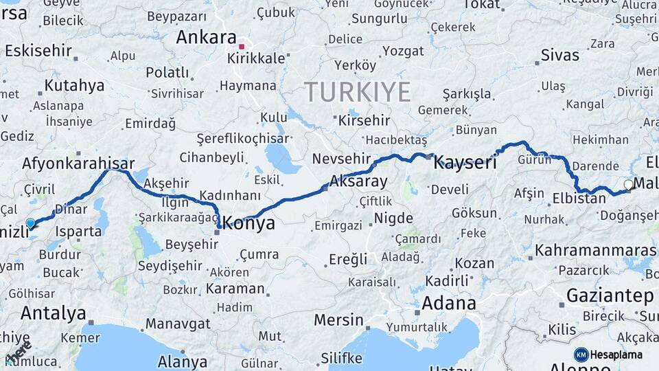 Afyonkarahisar Dazkırı Malatya Arası Kaç Km - Yol Haritası