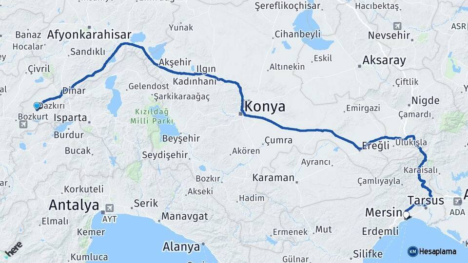 Afyonkarahisar Dazkırı Mersin Arası Kaç Km - Yol Haritası