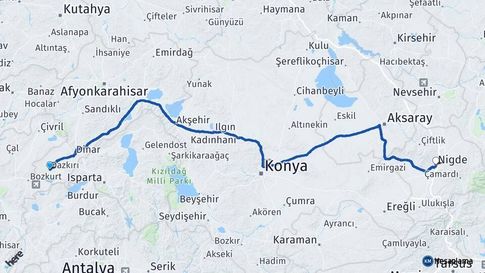 Afyonkarahisar Dazkırı Niğde Arası Kaç Km - Yol Haritası
