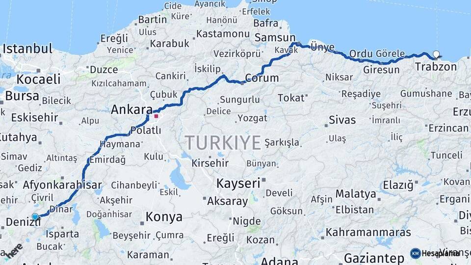 Afyonkarahisar Dazkırı Trabzon Arası Kaç Km - Yol Haritası