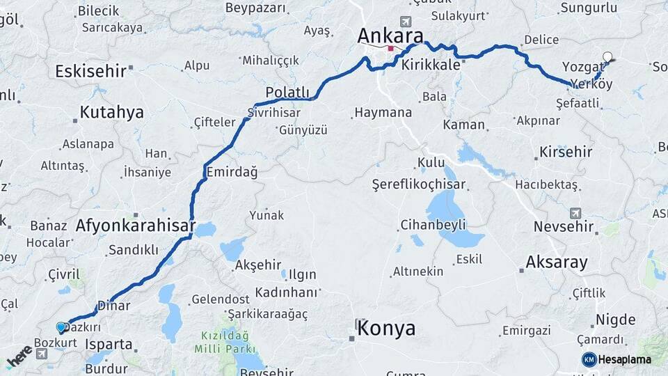 Afyonkarahisar Dazkırı Yozgat Arası Kaç Km - Yol Haritası