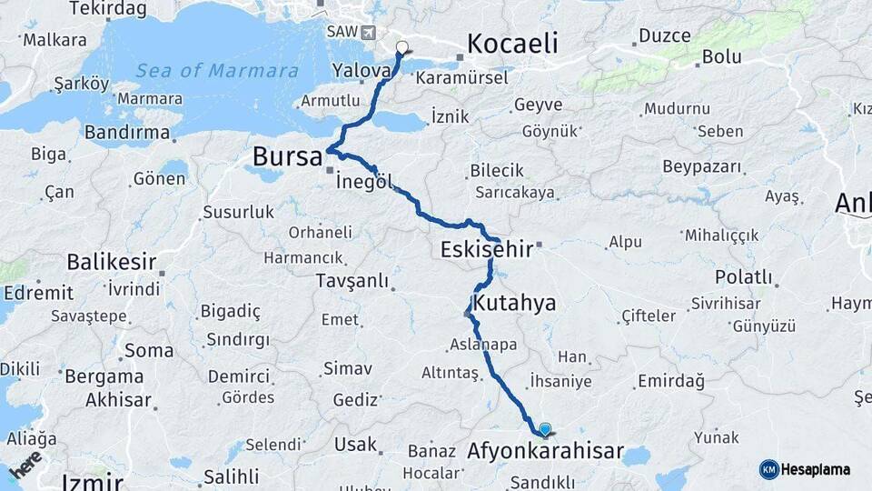 Afyonkarahisar Dilovası Kocaeli Arası Kaç Km - Yol Haritası