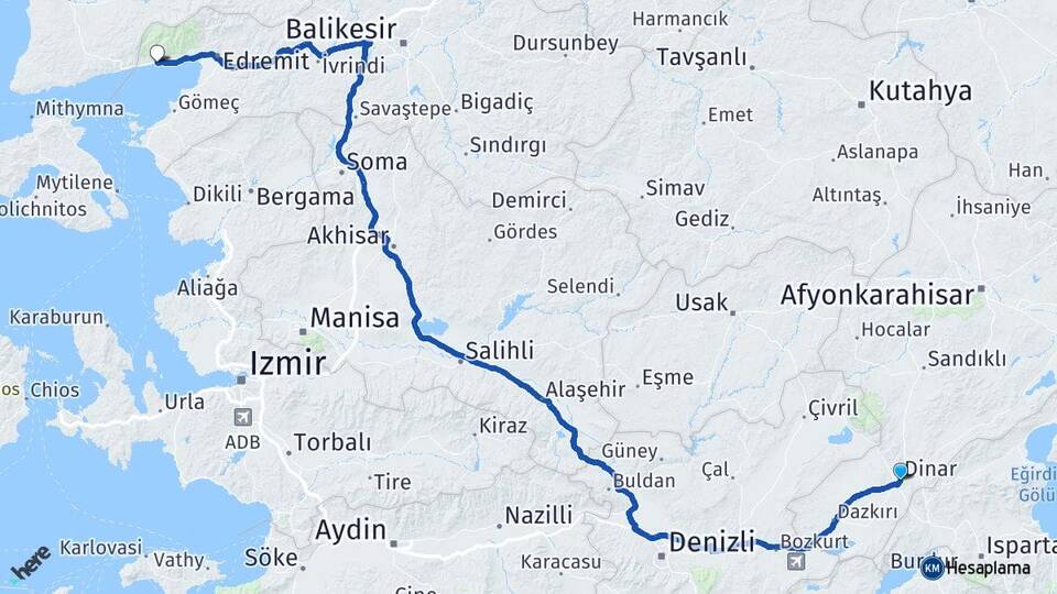 Afyonkarahisar Dinar Altınoluk Edremit Balıkesir Arası Kaç Km - Yol Haritası