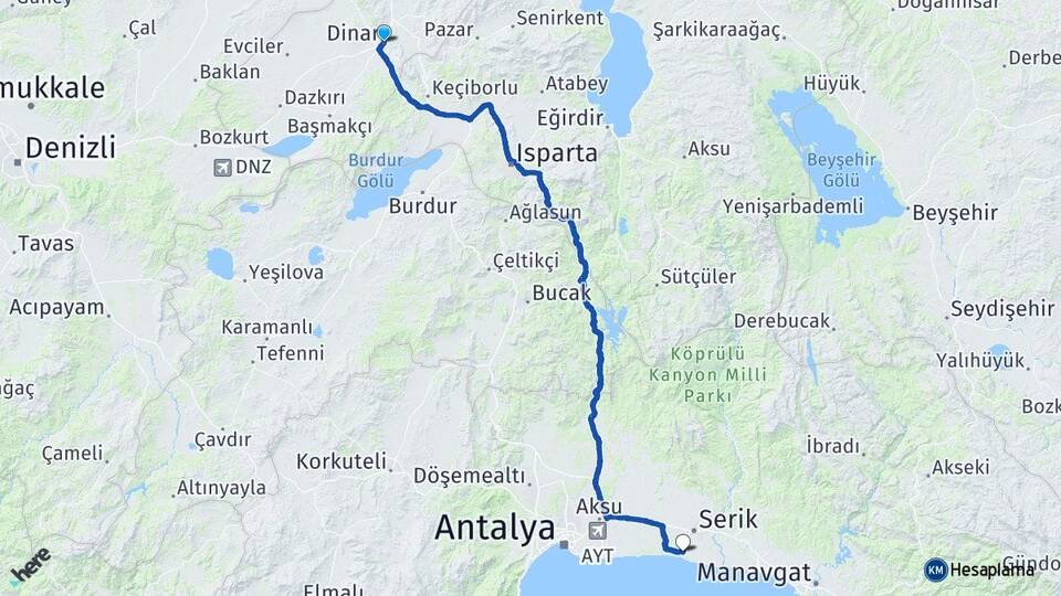 Afyonkarahisar Dinar Belek Serik Antalya Arası Kaç Km - Yol Haritası