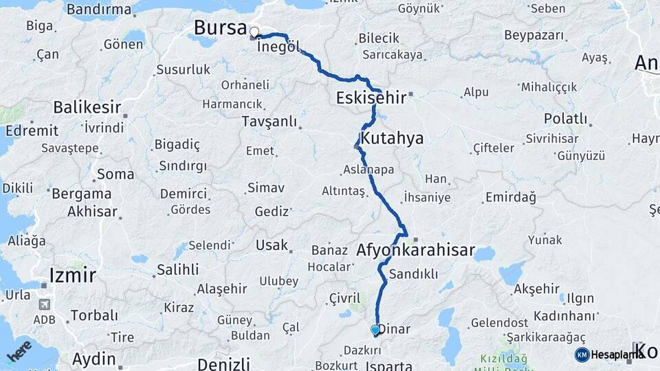 Afyonkarahisar Dinar Bursa Arası Kaç Km - Yol Haritası