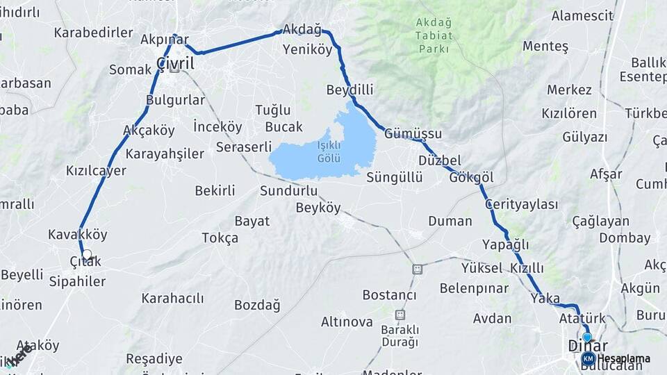 Afyonkarahisar Dinar Çıtak Çivril Denizli Arası Kaç Km - Yol Haritası