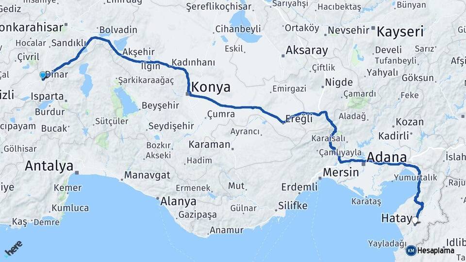 Afyonkarahisar Dinar Hatay Arası Kaç Km - Yol Haritası