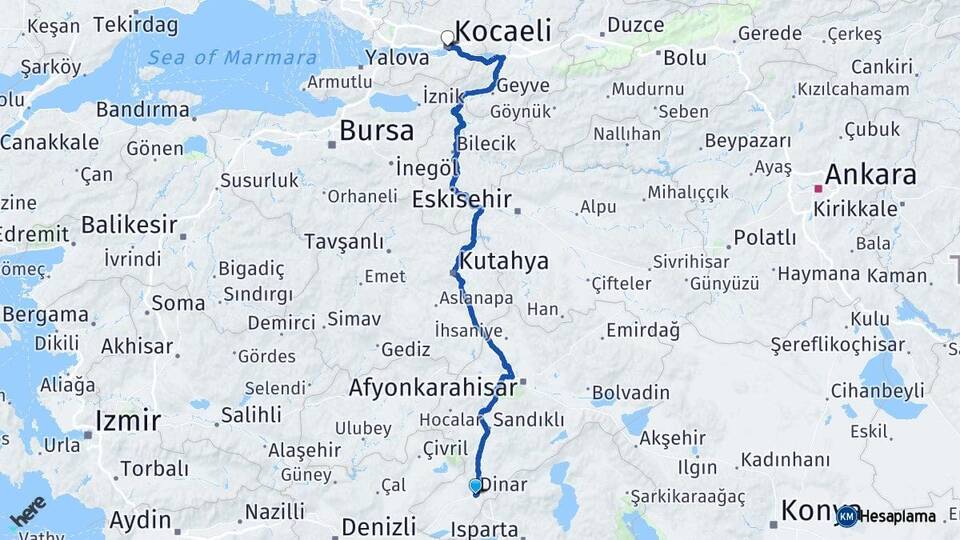 Afyonkarahisar Dinar Kocaeli Arası Kaç Km - Yol Haritası