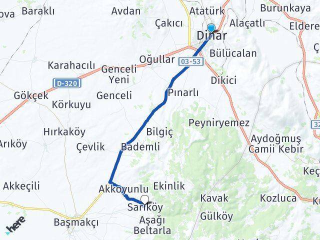 Afyonkarahisar Dinar Sarıköy Başmakçı Arası Kaç Km - Yol Haritası
