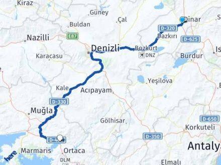Afyonkarahisar Dinar Zeytinalanı Köyceğiz Muğla Arası Kaç Km - Yol Haritası