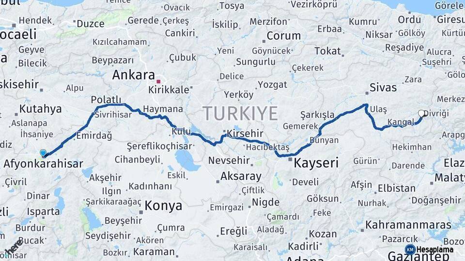 Afyonkarahisar Divriği Sivas Arası Kaç Km - Yol Haritası