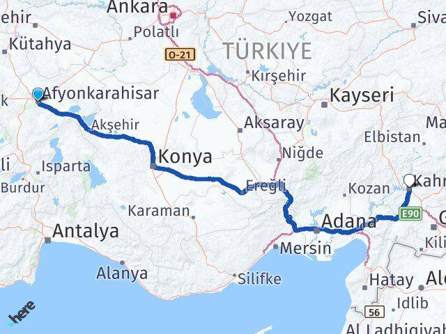 Afyonkarahisar Dulkadiroğlu Kahramanmaraş Arası Kaç Km - Yol Haritası